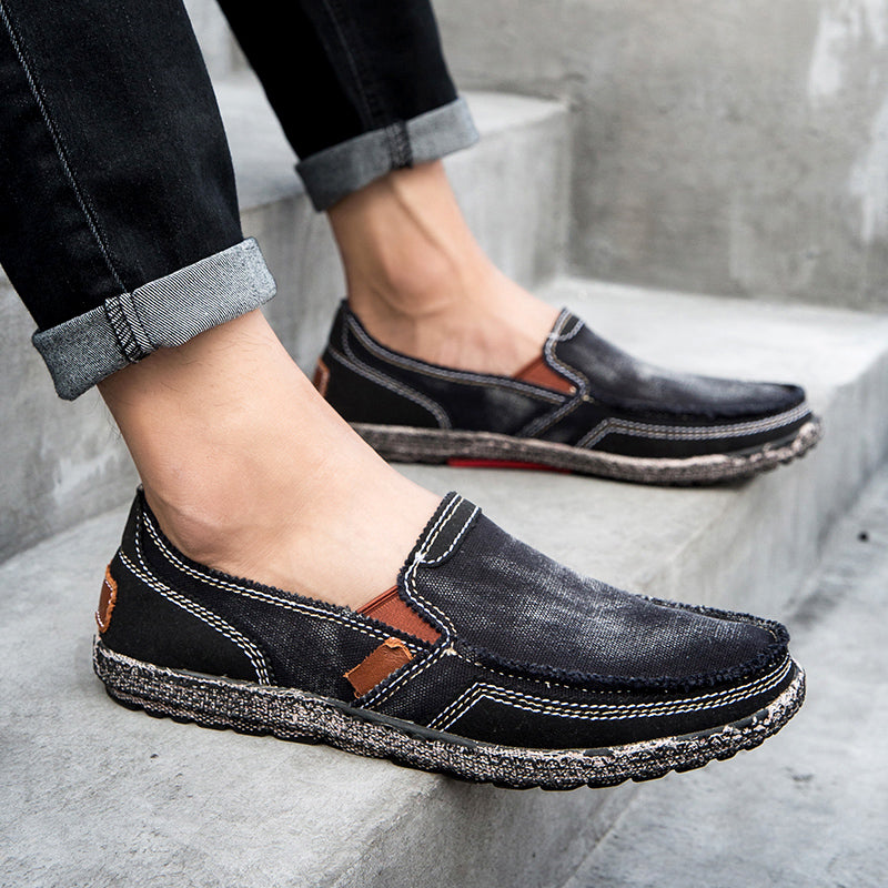 Men’s Washed Canvas Slip-On Shoes | Breathable, Anti-Slip, Classic Deck Style | 8806
