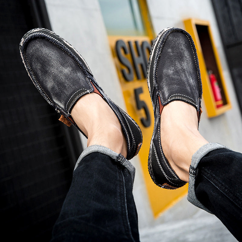 Men’s Washed Canvas Slip-On Shoes | Breathable, Anti-Slip, Classic Deck Style | 8806
