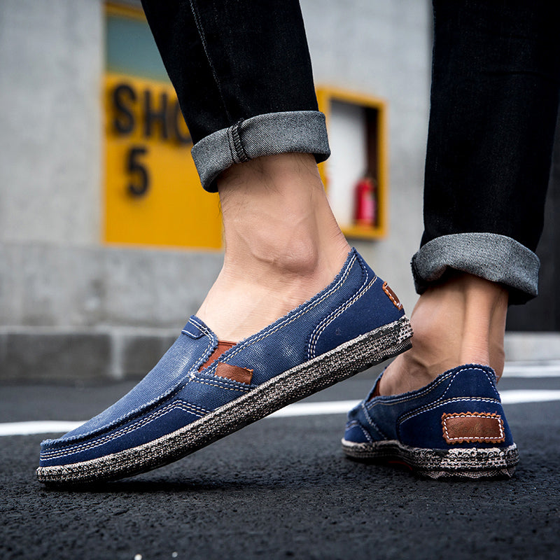 Men’s Washed Canvas Slip-On Shoes | Breathable, Anti-Slip, Classic Deck Style | 8806