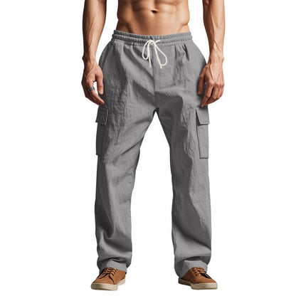 Men’s Four-Season Lightweight Linen Cargo Pants Breathable Multi-Pocket Loose Wide-Leg Trousers | MTGZ-9