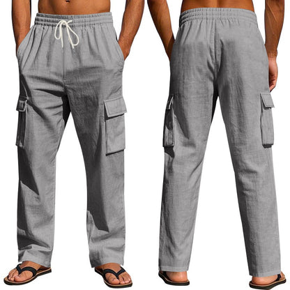 Men’s Four-Season Lightweight Linen Cargo Pants Breathable Multi-Pocket Loose Wide-Leg Trousers | MTGZ-9