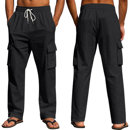 Men’s Four-Season Lightweight Linen Cargo Pants Breathable Multi-Pocket Loose Wide-Leg Trousers | MTGZ-9