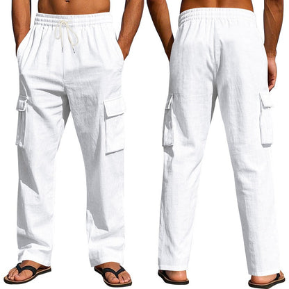 Men’s Four-Season Lightweight Linen Cargo Pants Breathable Multi-Pocket Loose Wide-Leg Trousers | MTGZ-9