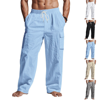 Men’s Four-Season Lightweight Linen Cargo Pants Breathable Multi-Pocket Loose Wide-Leg Trousers | MTGZ-9