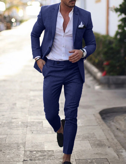 Men's Linen-Cotton Blend Slim-Fit Suit Set - Single Breasted Spring Light Business Attire | 820