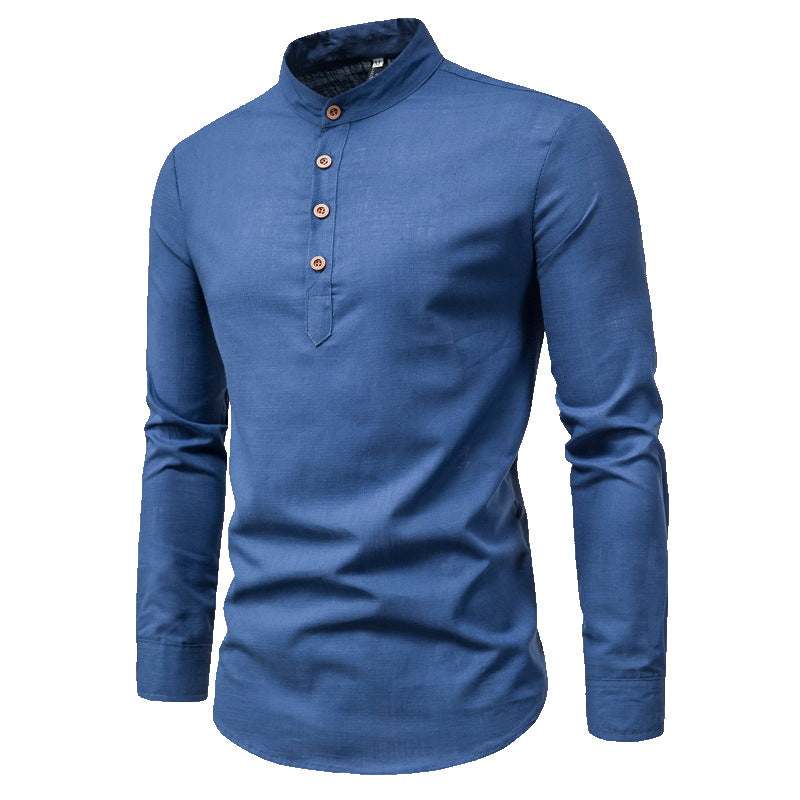 Men's Slim Fit Solid Color Long Sleeve Business Shirt Stand Collar Cotton & Linen Shirt | M301