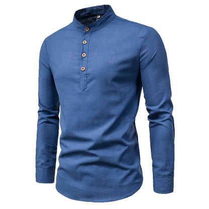 Men's Slim Fit Solid Color Long Sleeve Business Shirt Stand Collar Cotton & Linen Shirt | M301