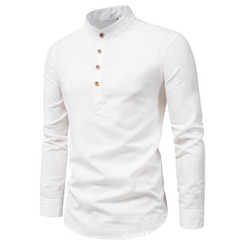Men's Slim Fit Solid Color Long Sleeve Business Shirt Stand Collar Cotton & Linen Shirt | M301
