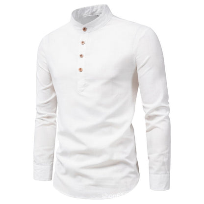 Men's Slim Fit Solid Color Long Sleeve Business Shirt Stand Collar Cotton & Linen Shirt | M301