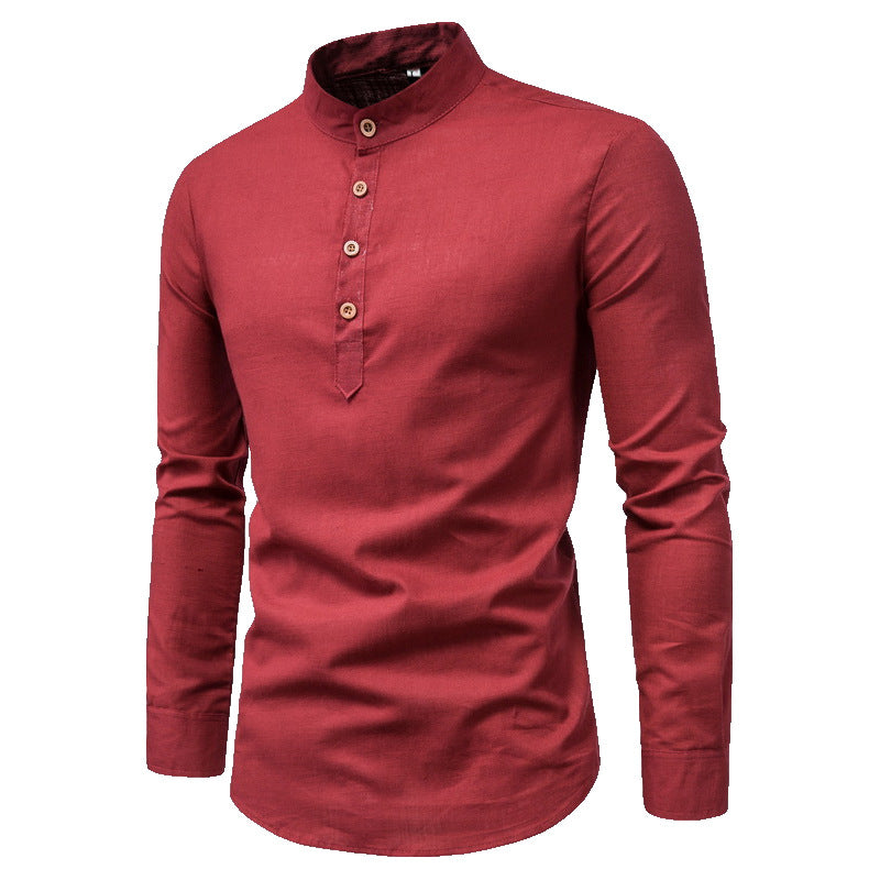 Men's Slim Fit Solid Color Long Sleeve Business Shirt Stand Collar Cotton & Linen Shirt | M301