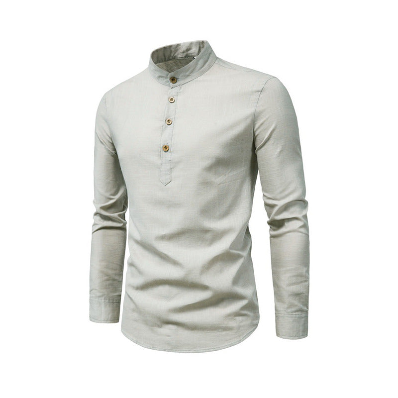Men's Slim Fit Solid Color Long Sleeve Business Shirt Stand Collar Cotton & Linen Shirt | M301