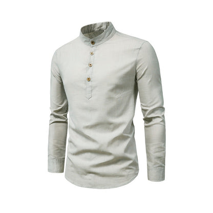 Men's Slim Fit Solid Color Long Sleeve Business Shirt Stand Collar Cotton & Linen Shirt | M301
