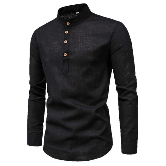 Men's Slim Fit Solid Color Long Sleeve Business Shirt Stand Collar Cotton & Linen Shirt | M301