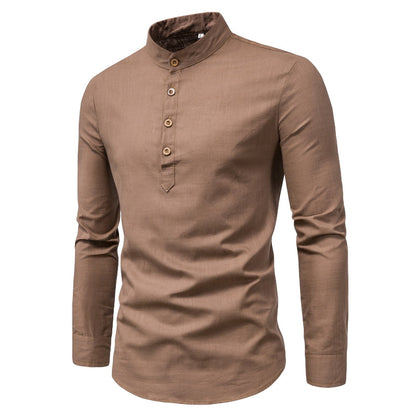 Men's Slim Fit Solid Color Long Sleeve Business Shirt Stand Collar Cotton & Linen Shirt | M301