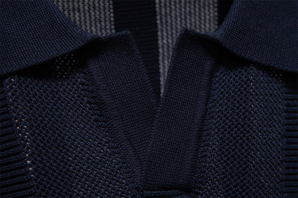 Men's Stripe Knit Polo Shirt with Mesh Panels - 2025 Summer Slim-Fit Streetwear Top | PSD8042