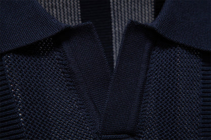 Men's Stripe Knit Polo Shirt with Mesh Panels - 2025 Summer Slim-Fit Streetwear Top | PSD8042