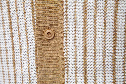Men's Stripe Knit Polo Shirt with Laser-Cut Detailing - 2025 Summer Slim-Fit Urban Top | PSD8058
