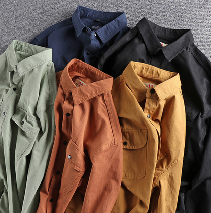 Vintage Workwear Double Pocket Shirt Retro Casual Classic Shirt Top for Men | V38