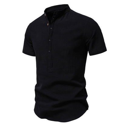 Men's Japanese Minimalist Short Sleeve Linen-Blend Shirt - Summer Slim-Fit Casual Top | SH2039