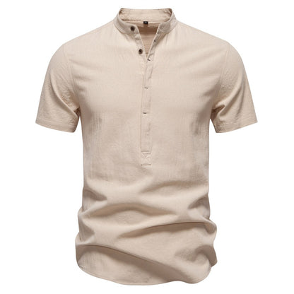 Men's Japanese Minimalist Short Sleeve Linen-Blend Shirt - Summer Slim-Fit Casual Top | SH2039