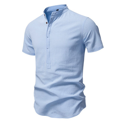 Men's Japanese Minimalist Short Sleeve Linen-Blend Shirt - Summer Slim-Fit Casual Top | SH2039