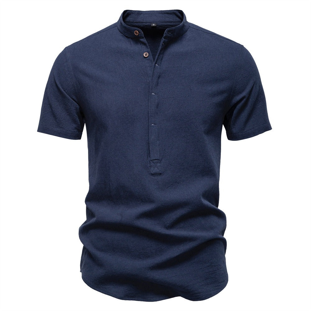 Men's Japanese Minimalist Short Sleeve Linen-Blend Shirt - Summer Slim-Fit Casual Top | SH2039