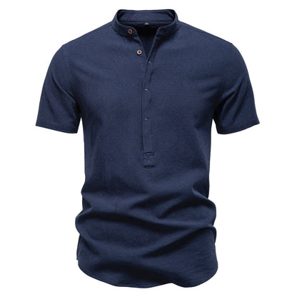 Men's Japanese Minimalist Short Sleeve Linen-Blend Shirt - Summer Slim-Fit Casual Top | SH2039