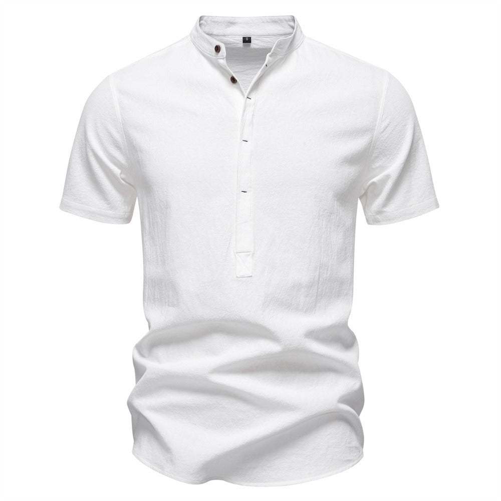 Men's Japanese Minimalist Short Sleeve Linen-Blend Shirt - Summer Slim-Fit Casual Top | SH2039