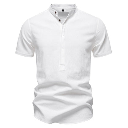 Men's Japanese Minimalist Short Sleeve Linen-Blend Shirt - Summer Slim-Fit Casual Top | SH2039