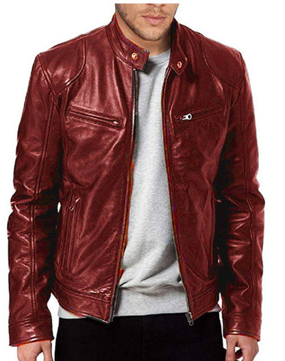 Veste en cuir PU de qualité supérieure avec col montant et coupe ajustée, cardigan chaud à fermeture éclair avec plusieurs poches | PY31 