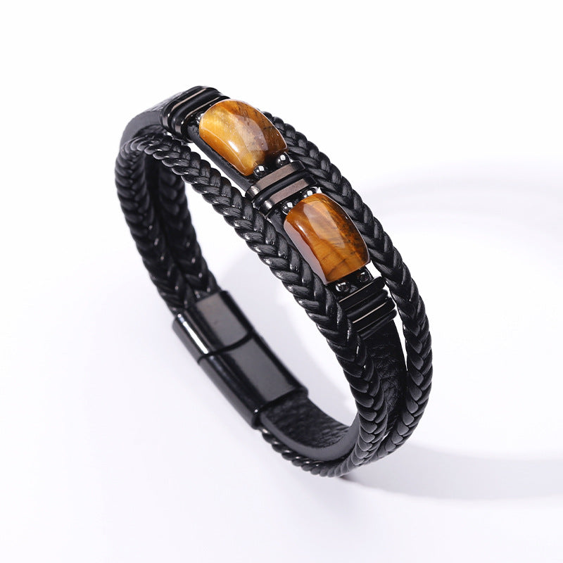 Men's Tiger Eye Stone Bracelet Multi-Layer Leather & Rope with Magnetic Clasp | YM-0096-A