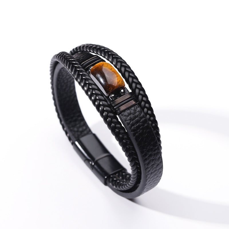 Men's Tiger Eye Stone Bracelet Multi-Layer Leather & Rope with Magnetic Clasp | YM-0096-A