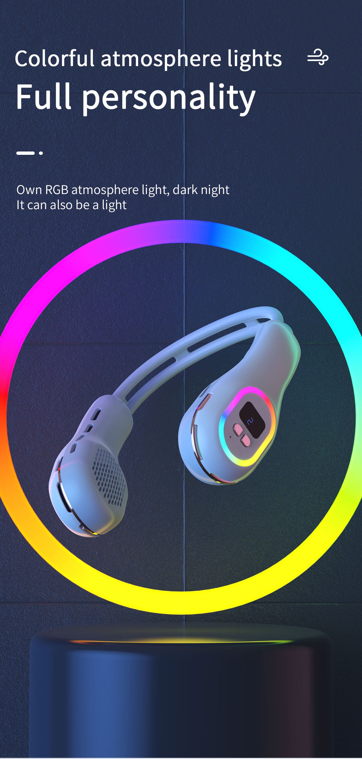 Ventilatore da collo estivo indossabile a mani libere senza pale Ventilatori di raffreddamento LED Luce colorata 3 velocità Regolazione della direzione del vento a 360° Aria condizionata portatile ricaricabile | S57 