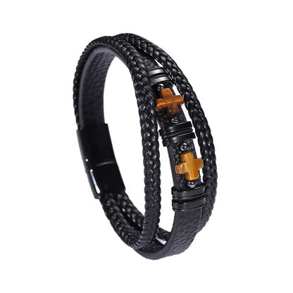 Men’s Magnetic Leather Bracelet Tiger Eye Stone & Double Cross Stainless Steel | YM-0361