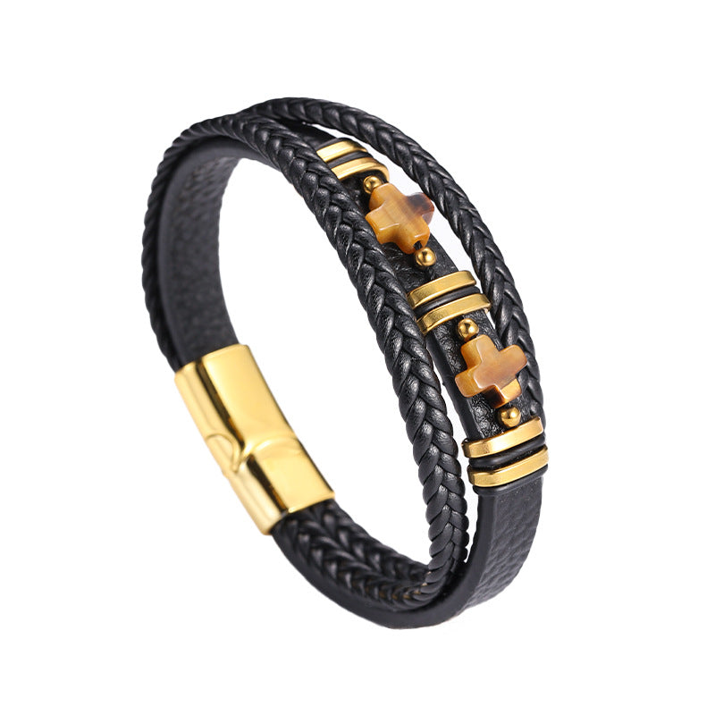Men’s Magnetic Leather Bracelet Tiger Eye Stone & Double Cross Stainless Steel | YM-0361