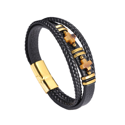 Men’s Magnetic Leather Bracelet Tiger Eye Stone & Double Cross Stainless Steel | YM-0361