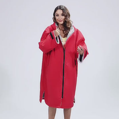 Warm Waterproof Swim Parka Oversized Hooded Robe Sherpa Liner Swimming Coat Dry Robe Surf One Size Poncho