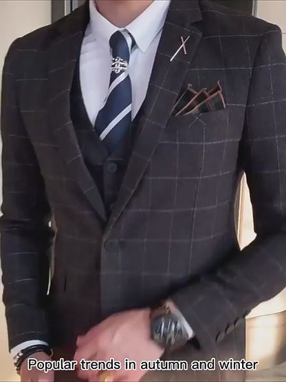 Costume formel 3 pièces rétro en tweed à carreaux, coupe slim à simple boutonnage, blazer, gilet et pantalon, tenue d'affaires, robe de soirée de mariage | 307