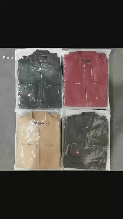 Veste en cuir PU de qualité supérieure avec col montant et coupe ajustée, cardigan chaud à fermeture éclair avec plusieurs poches | PY31 