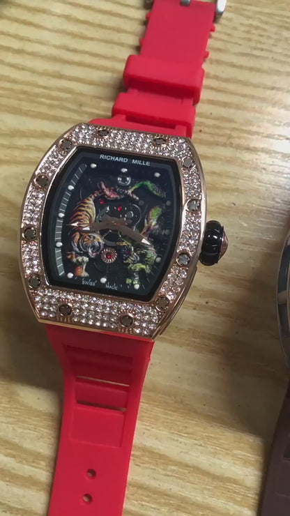 Orologio da uomo di lusso RM Top Luminous Dragon Tiger Diamond Pattern Orologio automatico in gomma | 9924LH 