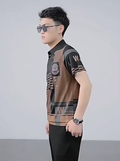 Men's Business Short Sleeve Polo Collar Cotton Shirt Solid Embroidered Top T Shirt | 104