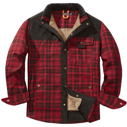 Men's Patchwork Corduroy Plaid Shirt Jacket Plus Size Velvet Lined Casual Winter Top | 3251