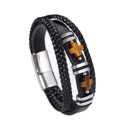 Men’s Magnetic Leather Bracelet Tiger Eye Stone & Double Cross Stainless Steel | YM-0361