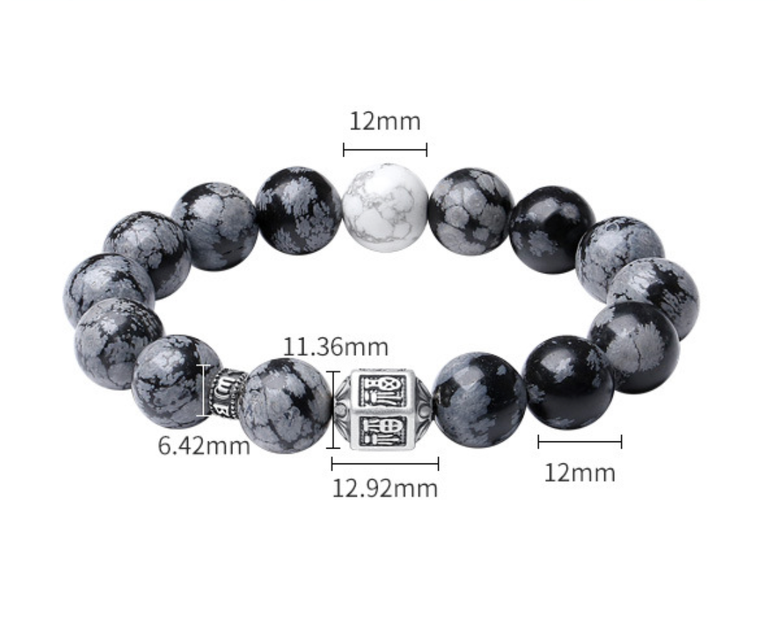 Men’s Blessing Bracelet Handmade Silver Snowflake Obsidian Mantra Beads Bracelet | VB24383-3BBYS