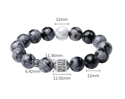 Men’s Blessing Bracelet Handmade Silver Snowflake Obsidian Mantra Beads Bracelet | VB24383-3BBYS