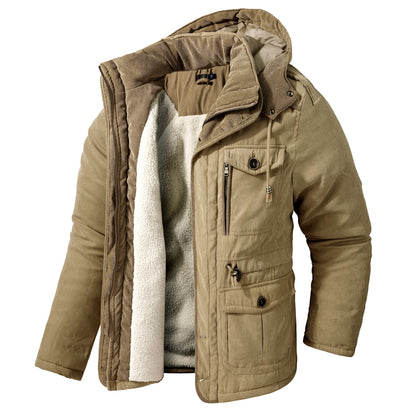 Giacca multitasche premium da uomo in lana di agnello con cappuccio spesso | 3256 