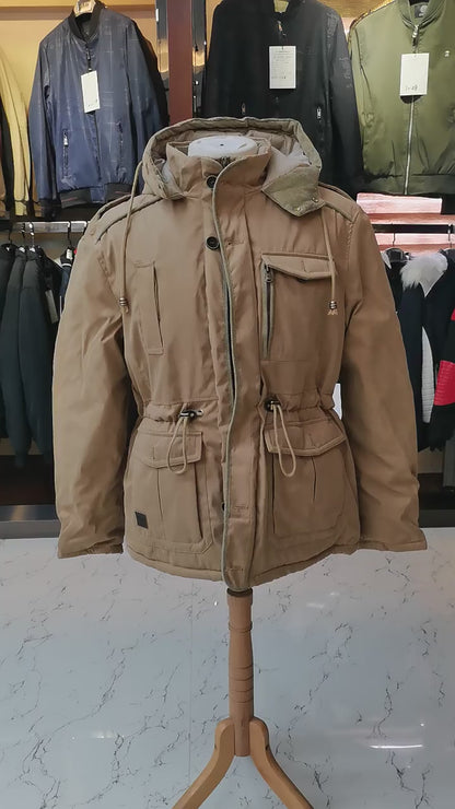 Giacca multitasche premium da uomo in lana di agnello con cappuccio spesso | 3256 