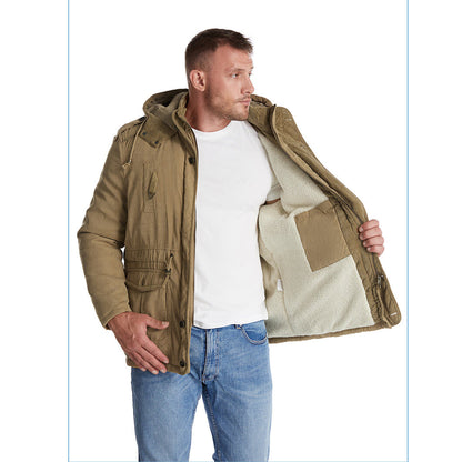Giacca multitasche premium da uomo in lana di agnello con cappuccio spesso | 3256 