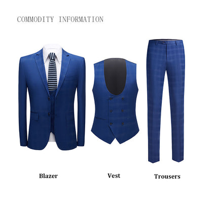 Costume 3 pièces pour homme, coupe slim, smoking à carreaux, bleu foncé, robe de mariée, classique, formel, veste, pantalon, gilet | 9812-59