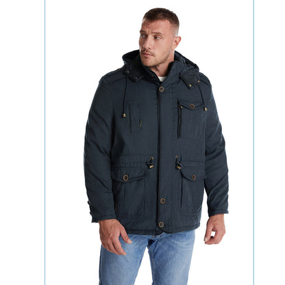 Giacca multitasche premium da uomo in lana di agnello con cappuccio spesso | 3256 